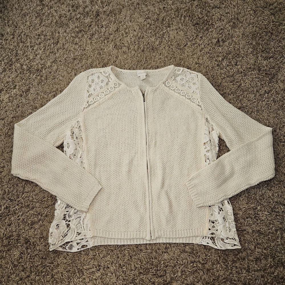 Chico's Lace Knit Full Zip Sweater Ivory Cream Women's Size‎ 3 (XL) Cotton Blend
